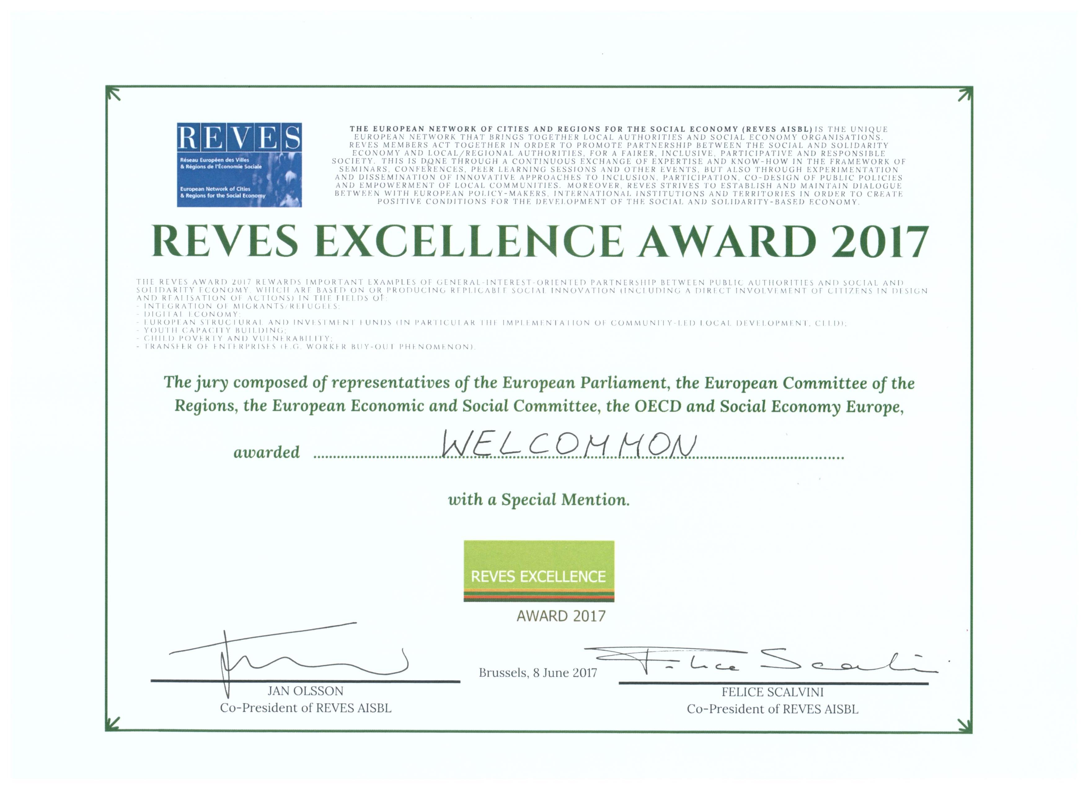 WIND OF RENEWAL AND THE WELCOMMON PROJECT HAVE BEEEN HONOURED WITH THE SPECIAL MENTION AWARD UNDER THE REVES EXCELLENCE AWARD 2017